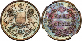 British India. East India Company 1/2 Anna 1835-(b) MS65 Brown NGC, Bombay mint, KM447.1. Phenomenal eye appeal for the issue to say the least, the pi...