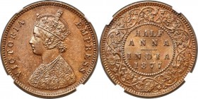 British India. Victoria 1/2 Anna 1877-(c) MS62 Brown NGC, Calcutta mint, KM487, S&W-6.458. Type C Bust. Outranked by a mere two examples in the NGC ce...
