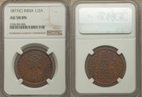 British India. Victoria 1/2 Anna 1877-(c) AU58 Brown NGC, Calcutta mint, KM487, S&W-6.458. Type C Bust. Antique wood surfaces, some characteristic die...