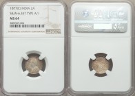British India. Victoria 2 Annas 1877-(c) MS64 NGC, Calcutta mint, KM488, S&W-6.347. Type A Bust, Type I Reverse. Lightly toned to a cupric sunset gold...