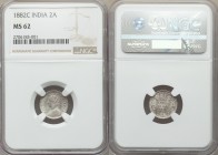 British India. Victoria 2 Annas 1882-c MS62 NGC, Calcutta mint, KM488. Type B Bust, Type II Reverse. White and lustrous with prominent flow lines in t...