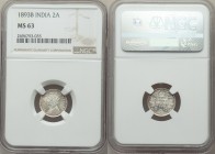 British India. Victoria 2 Annas 1893-b MS63 NGC, Bombay mint, KM488, S&W-6.424. Type B Bust, Type II Reverse. Bright surfaces with relatively minimal ...