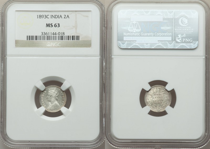 British India. Victoria 2 Annas 1893-c MS63 NGC, Calcutta mint, KM488, S&W-6.421...