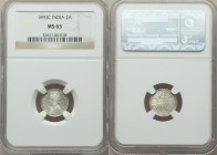 British India. Victoria 2 Annas 1893-c MS63 NGC, Calcutta mint, KM488, S&W-6.421. Type B Bust, Type II Reverse. An impressive choice grade with thick ...