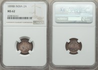 British India. Victoria 2 Annas 1898-b MS62 NGC, Bombay mint, KM488, S&W-6.442. Type C Bust, Type II Reverse. Powerful opalescence which intensifies t...