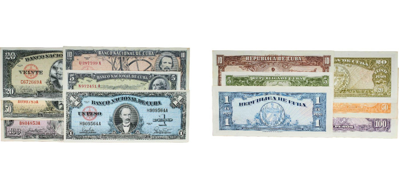 Cuba First Republic 1949 - 1960 Peso Set (6 Lots) Paper XF