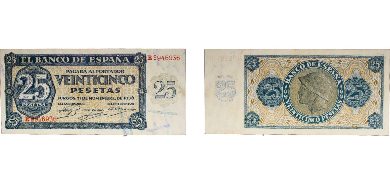 Spain Nationalist Government 1936 25 Pesetas Paper (46550000) AU P 99