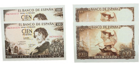 Spain Nationalist Government 1965 100 Pesetas (2 Lots, Correlative) Paper (442138000) UNC P 150