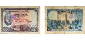 Spain Second Republic 1931 50 Pesetas (Provisional Issue; Handstamp) Paper F P 80