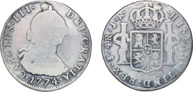 Bolivia Spanish colony 1774 PTS JR 4 Reales - Charles III Silver (.903) Potosi Mint 12.67g VF Hole Repaired KM 54