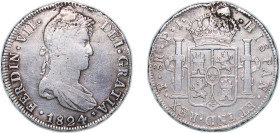 Bolivia Spanish colony 1824 PTS PJ 8 Reales - Ferdinand VII Silver (.896) Potosi Mint 26.72g VF Hole Repaired KM 84