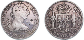 Mexico Spanish colony 1779 FF 8 Reales - Carlos III Silver (.917) Mexico City Mint 26.69g VF Chopmarked KM 106