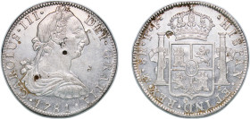 Mexico Spanish colony 1781 Mo FF 8 Reales - Carlos III Silver (.917) Mexico City Mint 26.92g AU Chopmarked KM 106