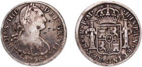Mexico Spanish colony 1796 Mo FM 8 Reales - Carlos IV Silver (.903) Mexico City Mint 26.5g VF Chopmarked KM 109