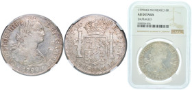 Mexico Spanish colony 1799 Mo FM 8 Reales - Carlos IV Silver (.903) Mexico City Mint 27.07g NGC AU Damage KM 109