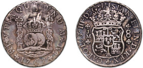 Peru Spanish colony 1767 LIMA JM 8 Reales - Carlos III Silver (.917) Lima Mint (2785000) 26.76g VF Hole Repaired KM A64
