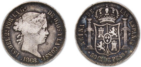 Philippines Spanish colony 1868 50 Centavos - Isabella II Silver (.900) Manila Mint (423000) 12.73g VF KM 147