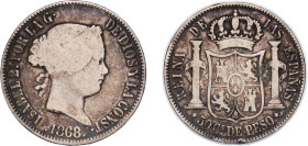 Philippines Spanish colony 1868 50 Centimos - Isabella II Silver (.900) Milan Mint (423000) 12.79g VF KM 147