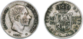 Philippines Spanish colony 1881 20 Centimos - Alfonso XII Silver (.835) Manila Mint (1029000) 5.06g VF KM 149