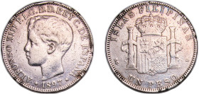 Philippines Spanish colony 1897 1 Peso - Alfonso XIII Silver (.900) Madrid Mint (6000000) 24.91g VF Mount Removed KM 154