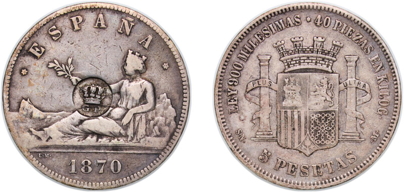 Spain Provisional Government 1870 &#128972;18-70 SNM 5 Pesetas (Countermarked is...