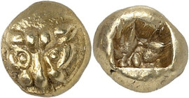 GRÈCE ANTIQUE - GREEK
Ionie, Milet. Hémihecté (1/12e de statère) ND (600-550 av. J.-C.), Milet.
Av. Mufle de lion de face. 
Rv. Carré creux incus....