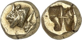GRÈCE ANTIQUE - GREEK
Ionie, Phocée. Hecté d’électrum (sixième de statère) ND (620-520 av. J.-C.), Phocée.
Av. Tête du dieu-fleuve Achéloos à gauche...