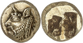 GRÈCE ANTIQUE - GREEK
Ionie, Phocée. Hecté d’électrum (sixième de statère) ND (c.480 av. J.-C.), Phocée.
Av. Tête de taureau androcéphale à gauche ;...