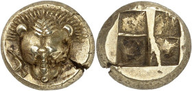GRÈCE ANTIQUE - GREEK
Ionie, Phocée. Hecté d’électrum (sixième de statère) ND (521-478 av. J.-C.), Phocée.
Av. Tête de lion de face, à la crinière h...