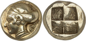 GRÈCE ANTIQUE - GREEK
Ionie, Phocée. Hecté d’électrum (sixième de statère) ND (478-387 av. J.-C.), Phocée.
Av. Tête féminine à gauche, avec collier ...