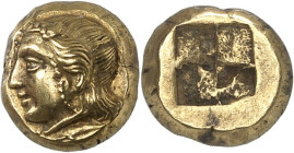 GRÈCE ANTIQUE - GREEK
Ionie, Phocée. Hecté d’électrum (sixième de statère) ND (377-326 av. J.-C.), Phocée.
Av. Tête de Io ou Callithyia à gauche, av...