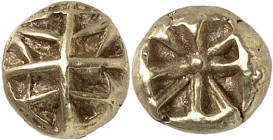 GRÈCE ANTIQUE - GREEK
Ionie, cité indéterminée. Hémihecté (1/12e de statère) ND (625-600 av. J.-C.).
Av. Motif géométrique en fort relief, divisé en...