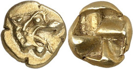 GRÈCE ANTIQUE - GREEK
Ionie, cité indéterminée. 1/24e de statère ND (650-600 av. J.-C.), Smyrne ?
Av. Tête de lion stylisée à droite, la gueule ouve...