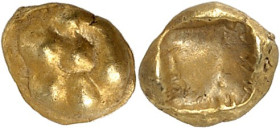 GRÈCE ANTIQUE - GREEK
Lydie, Alyattes Ier [ou Walwet] (635-585 av. J.-C.). 1/24e de statère ND (610-560 av. J.-C.), Sardes.
Av. Coussinets de patte ...