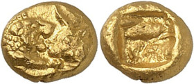 GRÈCE ANTIQUE - GREEK
Lydie, Crésus (561-546 av. J.-C.). 1/12e de statère ND (560-540 av. J.-C.), Sardes.
Av. Protomé de lion à droite, la gueule ou...