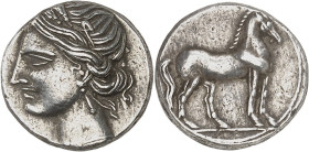 GRÈCE ANTIQUE - GREEK
Zeugitane, Carthage. 1/4 de shekel, fin de la Seconde Guerre Punique ND (220-205 av. J.-C.), Carthage.
Av. Tête de Tanit-Persé...