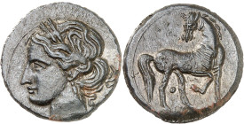 GRÈCE ANTIQUE - GREEK
Zeugitane, Carthage. 1 1/2 shekel, fin de la Seconde Guerre Punique ND (203-201 av. J.-C.), Carthage.
Av. Tête de Tanit couron...