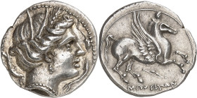 GRÈCE ANTIQUE - GREEK
Espagne, Emporion. Drachme au Pégase ND (après 218 av. J.-C.), Emporion.
Av. Tête diadémée de Perséphone à droite entourée de ...