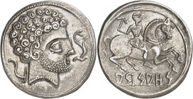 GRÈCE ANTIQUE - GREEK
Espagne, Arsaos. Denier ND (120-80 av. J.-C.).
Av. Tête masculine barbue à droite, avec collier de perles, entre un dauphin et...