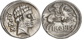 GRÈCE ANTIQUE - GREEK
Espagne, Barskunes (Pampelune). Drachme ND (120-20 av J.-C.), Pampelune.
Av. [BeNoKTa]. Tête barbue à droite, légende en ibère...