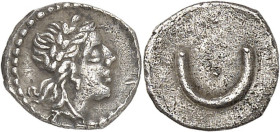 GRÈCE ANTIQUE - GREEK
Espagne - Castille/La Manche. Obole ou tritétartémorion ND (c.228-187 av. J.-C.).
Av. Tête laurée à droite, à la chevelure nou...