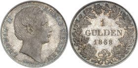 ALLEMAGNE - GERMANY
Bavière, Louis II (1864-1886). Florin 1868, Munich.
Av. LUDWIG II - KŒNIG V. BAYERN. Tête nue à droite, signature C. VOIGT au-de...