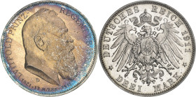ALLEMAGNE - GERMANY
Bavière, Léopold prince régent (1886-1912). 3 (drei) mark, 90e anniversaire de Léopold de Bavière, Flan bruni (PROOF) 1911, D, Mu...