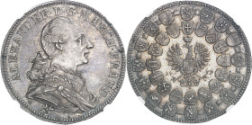 ALLEMAGNE - GERMANY
Brandebourg-Ansbach-Bayreuth, Charles-Alexandre (1757-1791). Thaler 1779 G, Schwabach.
Av. ALEXANDER. D. G. MARCH. BRAND. Buste ...