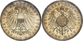 ALLEMAGNE - GERMANY
Lübeck (ville libre de). 5 (fünf) mark, Flan bruni (PROOF) 1908, A, Berlin.
Av. FREIE UND HANSESTADT LÜBECK. Aigle bicéphale épl...