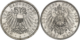 ALLEMAGNE - GERMANY
Lübeck (ville libre de). 3 (drei) mark 1909, A, Berlin.
Av. FREIE UND HANSESTADT LÜBECK. Aigle bicéphale éployée, avec écu en cœ...