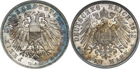 ALLEMAGNE - GERMANY
Lübeck (ville libre de). 2 (zwei) mark, Flan bruni (PROOF) 1912, A, Berlin.
Av. FREIE UND HANSESTADT LÜBECK. Aigle bicéphale épl...