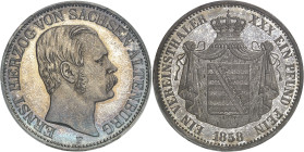 ALLEMAGNE - GERMANY
Saxe-Altenburg, Ernst I (1853-1908). Thaler, Flan bruni (PROOF) 1858 F, Dresde.
Av. ERNST HERZOG VON SACHSEN ALTENBURG. Tête nue...