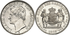 ALLEMAGNE - GERMANY
Saxe, Jean Ier (1854-1873). Thaler des mines (ausbeutetaler) 1865, B, Dresde.
Av. IOHANN V. G. G. KOENIG VON SACHSEN. Tête nue à...