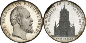 ALLEMAGNE - GERMANY
Wurtemberg, Charles (1864-1891). 2 thalers, restauration de la cathédrale d’Ulm, Flan bruni (PROOF) 1871, Stuttgart.
Av. KARL KO...
